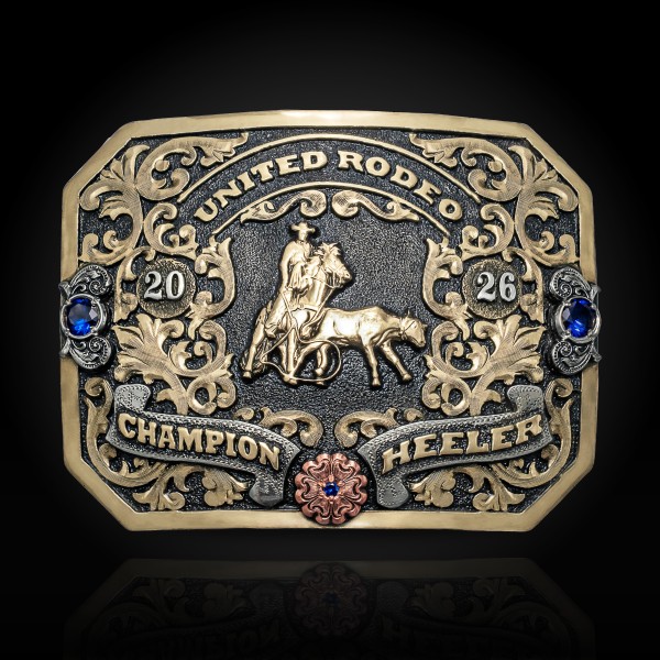 Our Oakman Belt Buckle features a stippled bronze base with engraved scrollwork, silver banners, raised lettering, a custom figure, and CZ stones.
